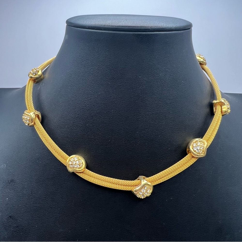 Luxe Vintage Gold Tone Mesh Necklace w/ Pave Rhinestone Accents Collar Choker